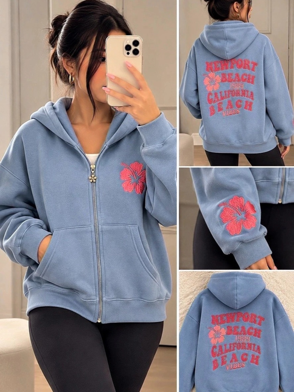 Graphic Zip Hoodie in Blue Like New